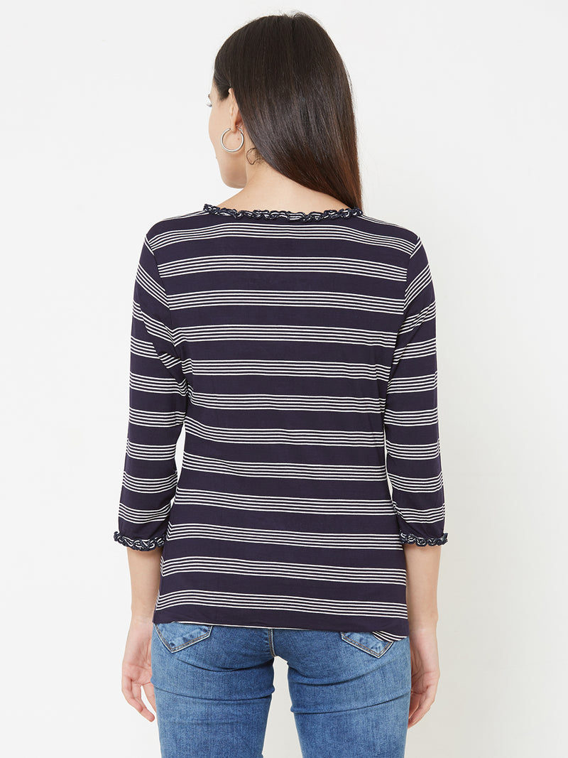 Women Navy & White Striped Three-Quarter Sleeves T-Shirts