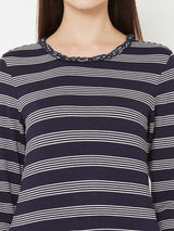 Women Navy & White Striped Three-Quarter Sleeves T-Shirts