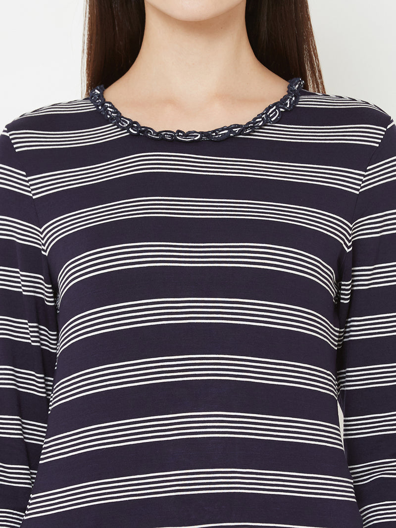 Women Navy & White Striped Three-Quarter Sleeves T-Shirts