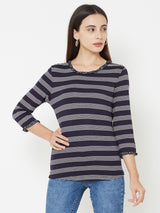Women Navy & White Striped Three-Quarter Sleeves T-Shirts