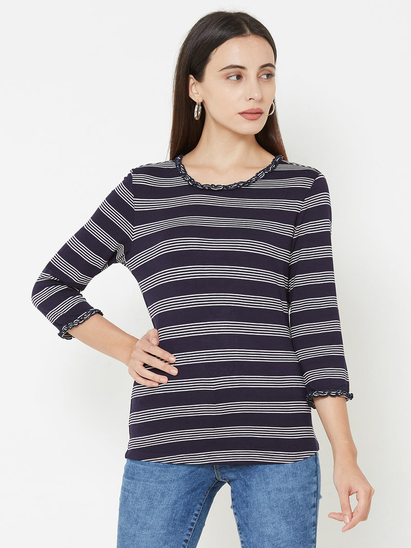 Women Navy & White Striped Three-Quarter Sleeves T-Shirts