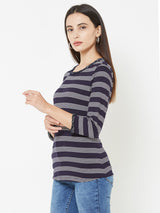 Women Navy & White Striped Three-Quarter Sleeves T-Shirts