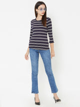 Women Navy & White Striped Three-Quarter Sleeves T-Shirts