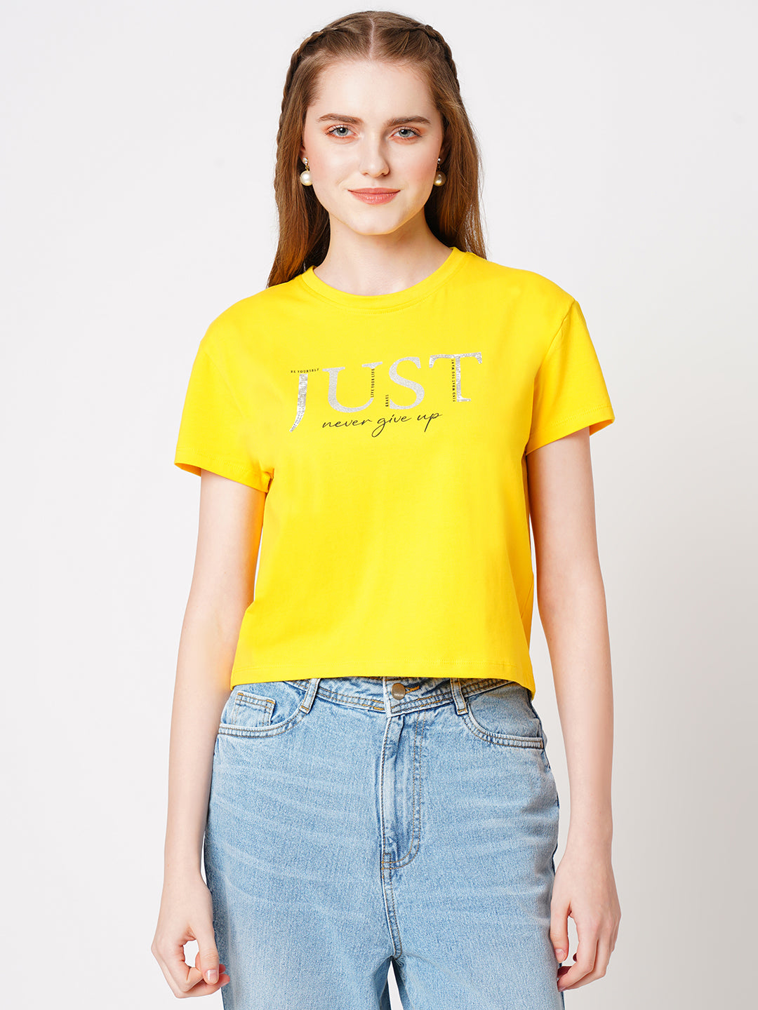 Women Golden Sunset Crop Chest Print T-Shirt