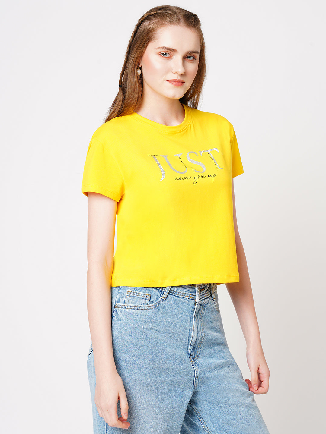 Women Golden Sunset Crop Chest Print T-Shirt