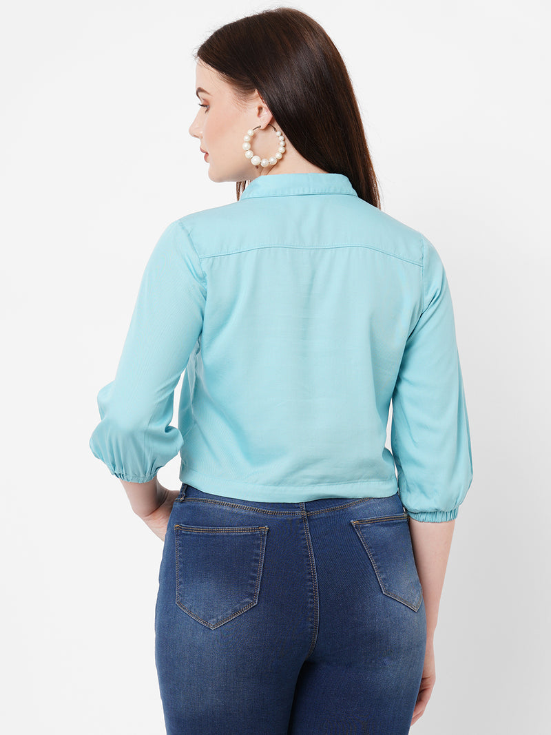 Women Turquoise Solid Three-Quarter Sleeves Shirts