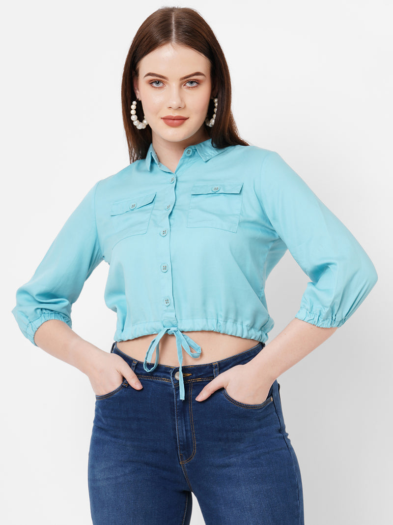 Women Turquoise Solid Three-Quarter Sleeves Shirts