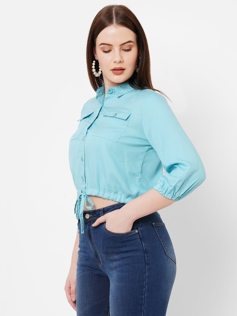 Women Turquoise Solid Three-Quarter Sleeves Shirts