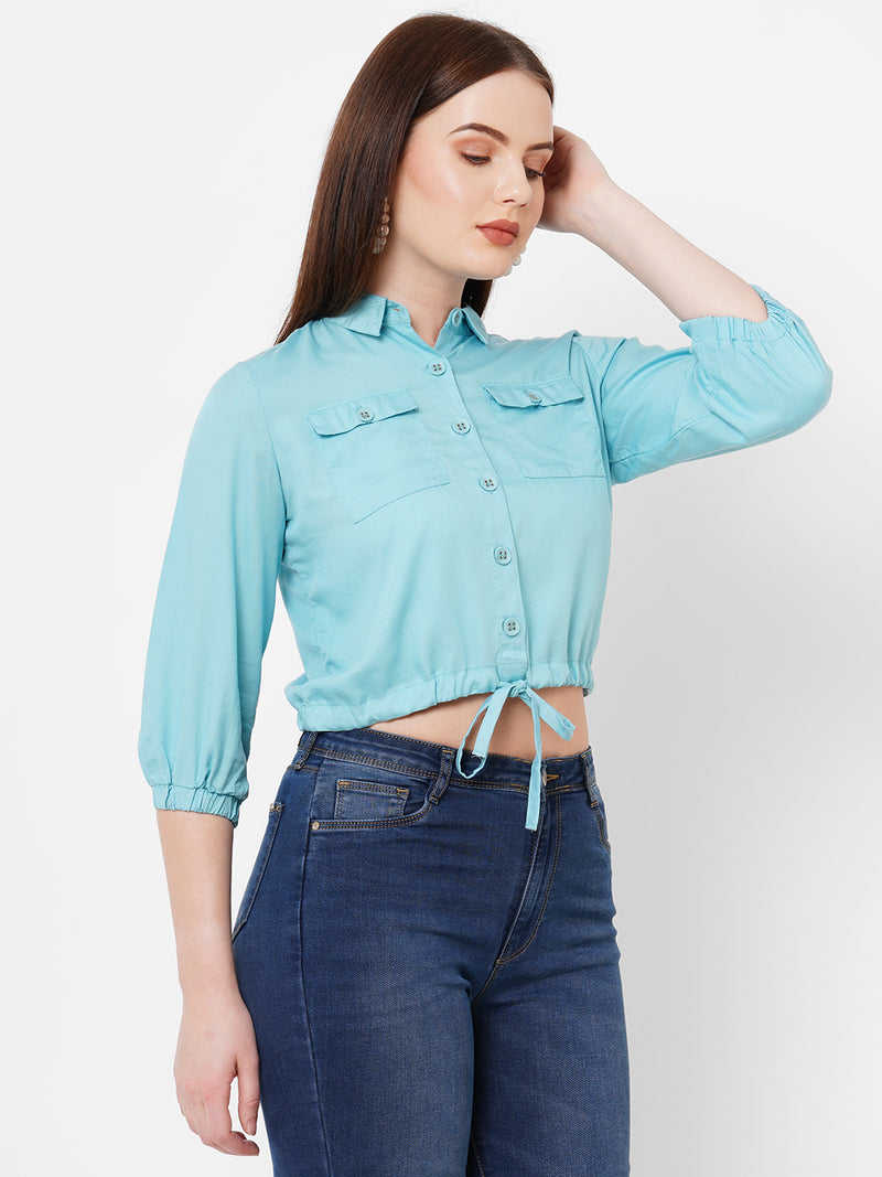 Women Turquoise Solid Three-Quarter Sleeves Shirts
