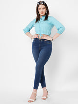 Women Turquoise Solid Three-Quarter Sleeves Shirts