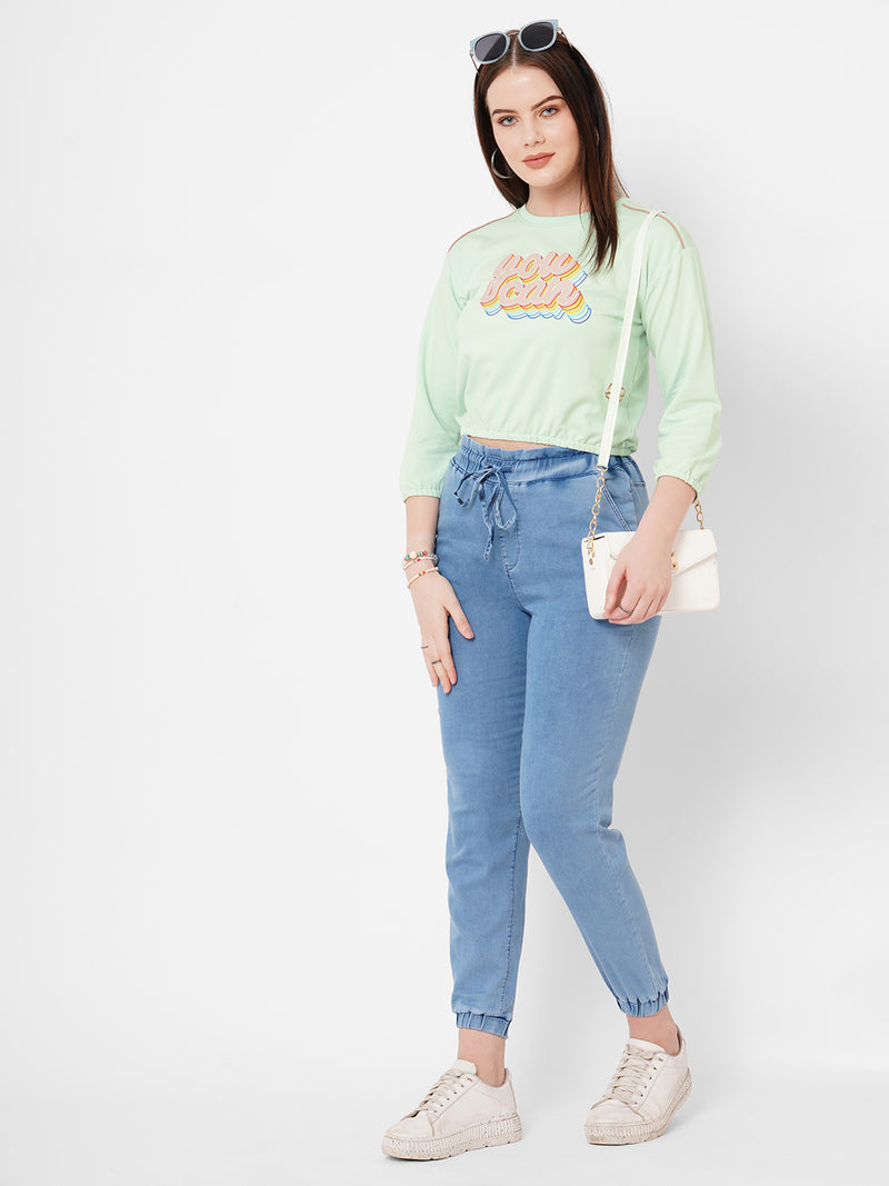 Women Mint Green Printed Full Length Athleisure Top