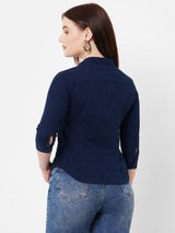 Women Ink Blue Solid Three-Quarter Sleeves Shirts
