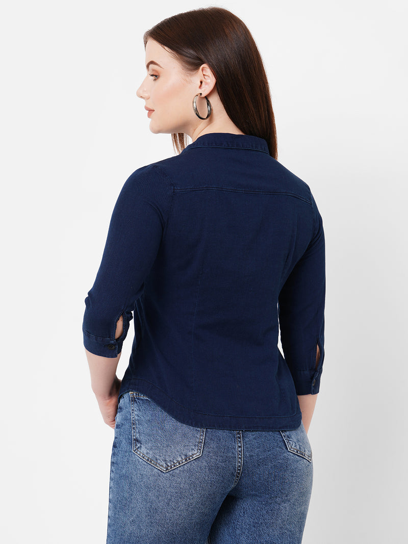 Women Ink Blue Solid Three-Quarter Sleeves Shirts