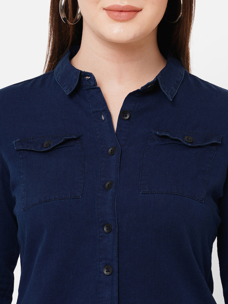 Women Ink Blue Solid Three-Quarter Sleeves Shirts