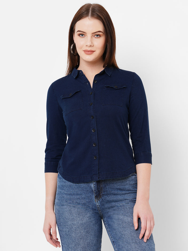 Women Ink Blue Solid Three-Quarter Sleeves Shirts