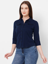 Women Ink Blue Solid Three-Quarter Sleeves Shirts