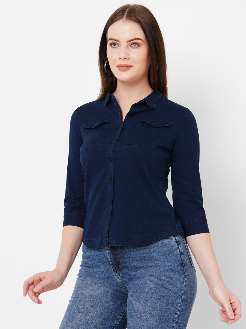 Women Ink Blue Solid Three-Quarter Sleeves Shirts