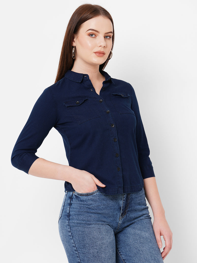 Women Ink Blue Solid Three-Quarter Sleeves Shirts