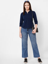 Women Ink Blue Solid Three-Quarter Sleeves Shirts