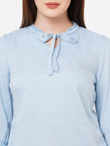 Women Light Blue Solid Three-Quarter Sleeves Tops