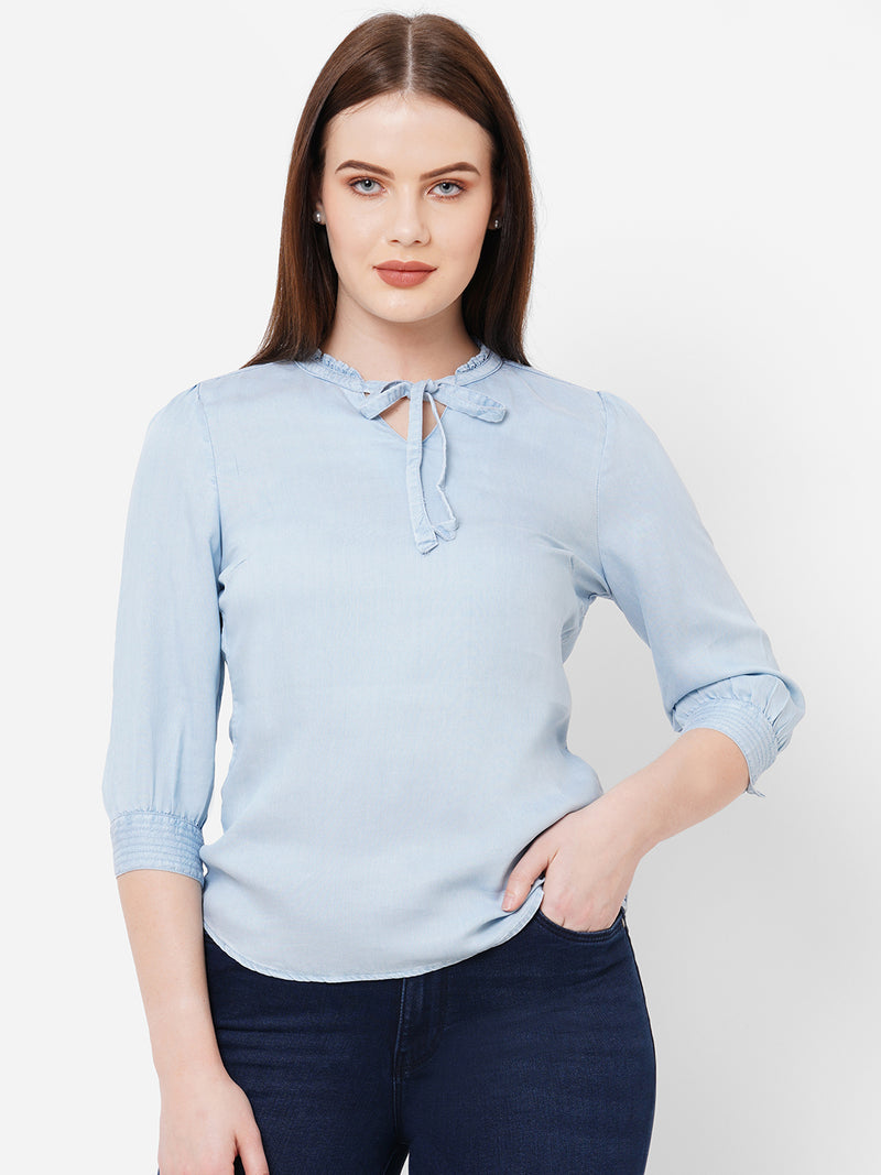 Women Light Blue Solid Three-Quarter Sleeves Tops