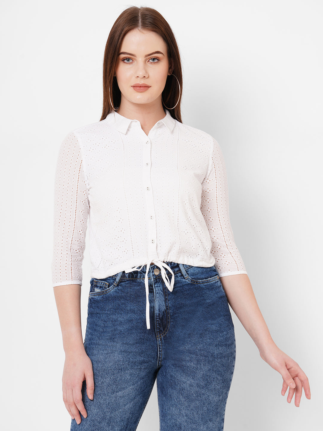 Women Bleach White Lace Slim Shirt