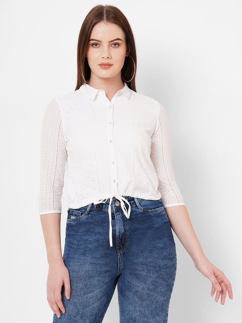 Women Bleach White Lace Three-Quarter Sleeves Shirts