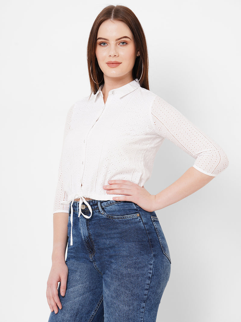 Women Bleach White Lace Three-Quarter Sleeves Shirts