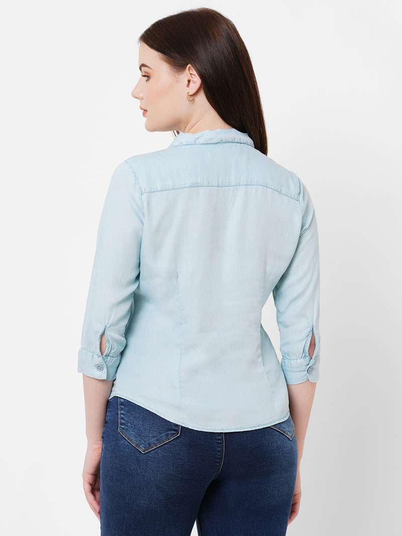 Women Light Blue Solid Three-Quarter Sleeves Shirts