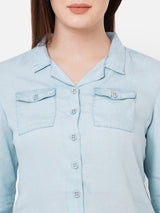 Women Light Blue Solid Three-Quarter Sleeves Shirts