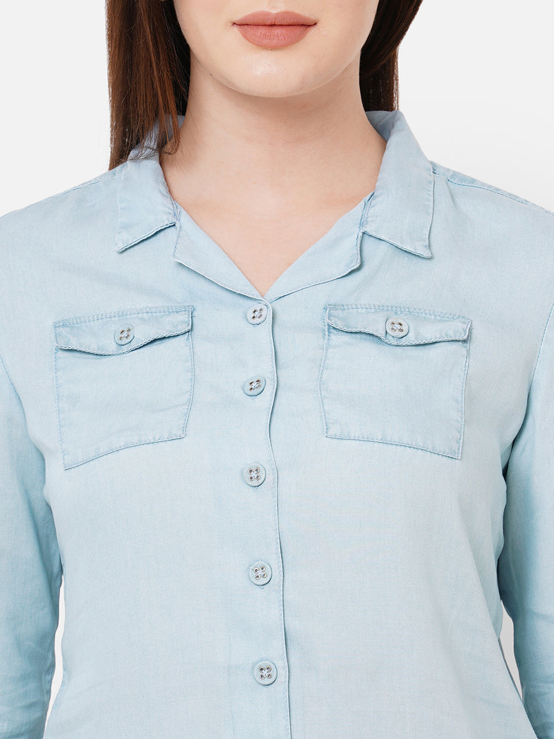 Women Light Blue Solid Three-Quarter Sleeves Shirts
