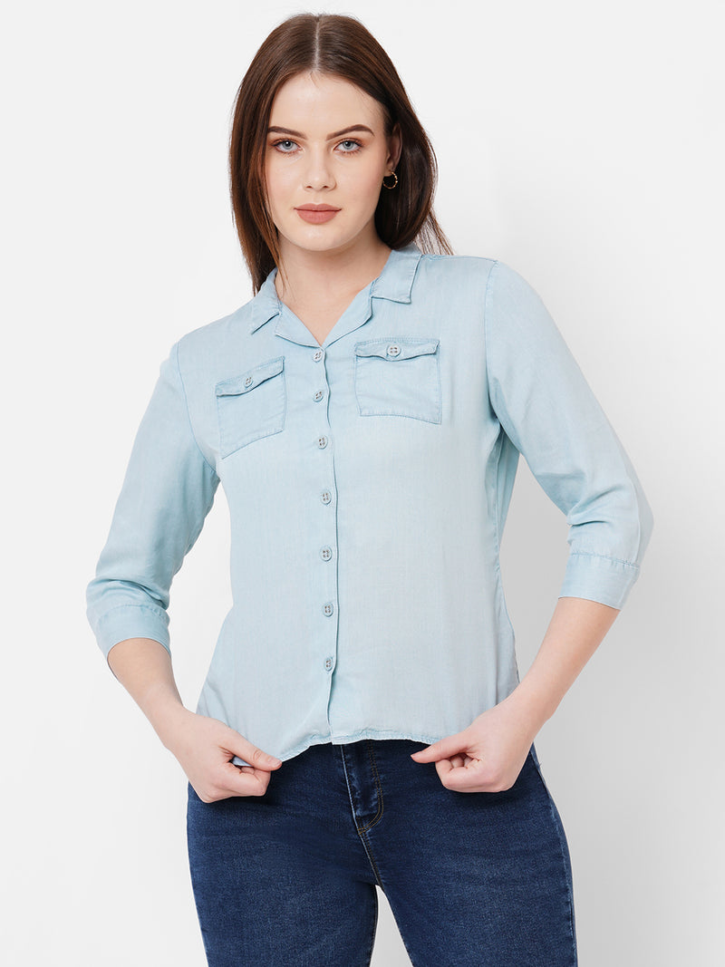 Women Light Blue Solid Three-Quarter Sleeves Shirts