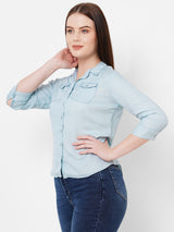 Women Light Blue Solid Three-Quarter Sleeves Shirts