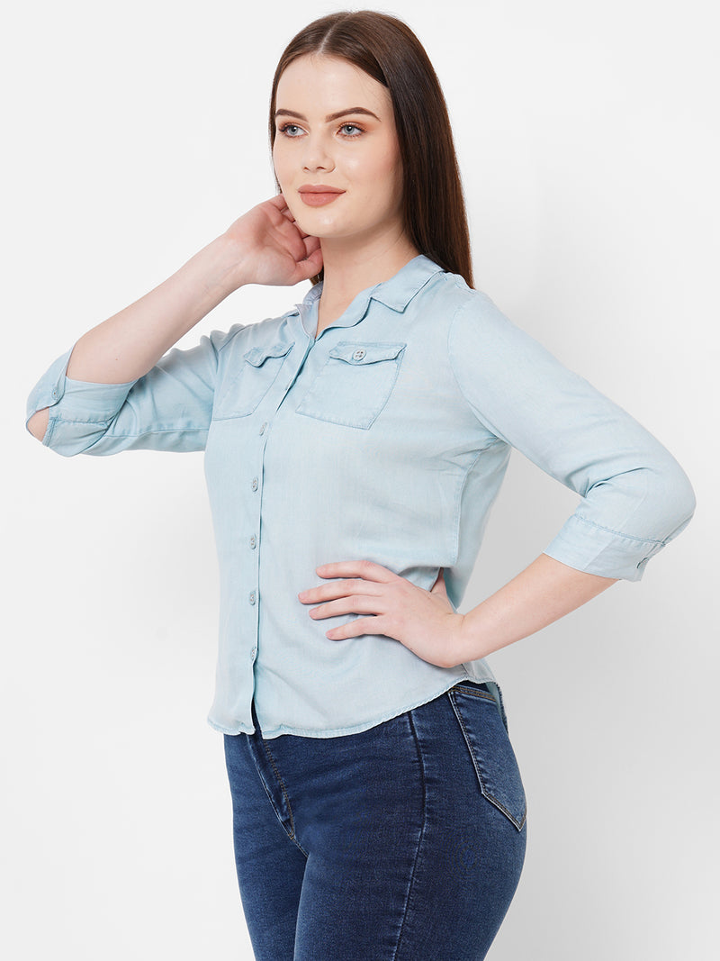 Women Light Blue Solid Three-Quarter Sleeves Shirts