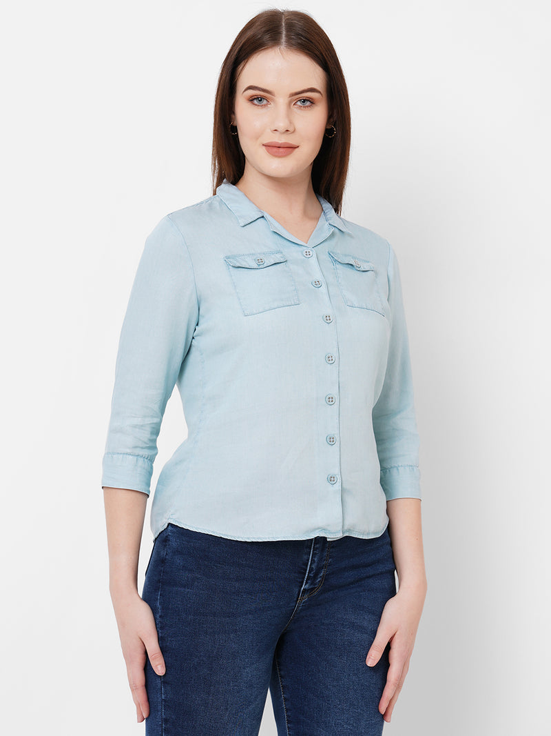 Women Light Blue Solid Three-Quarter Sleeves Shirts