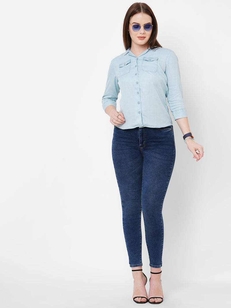 Women Light Blue Solid Three-Quarter Sleeves Shirts
