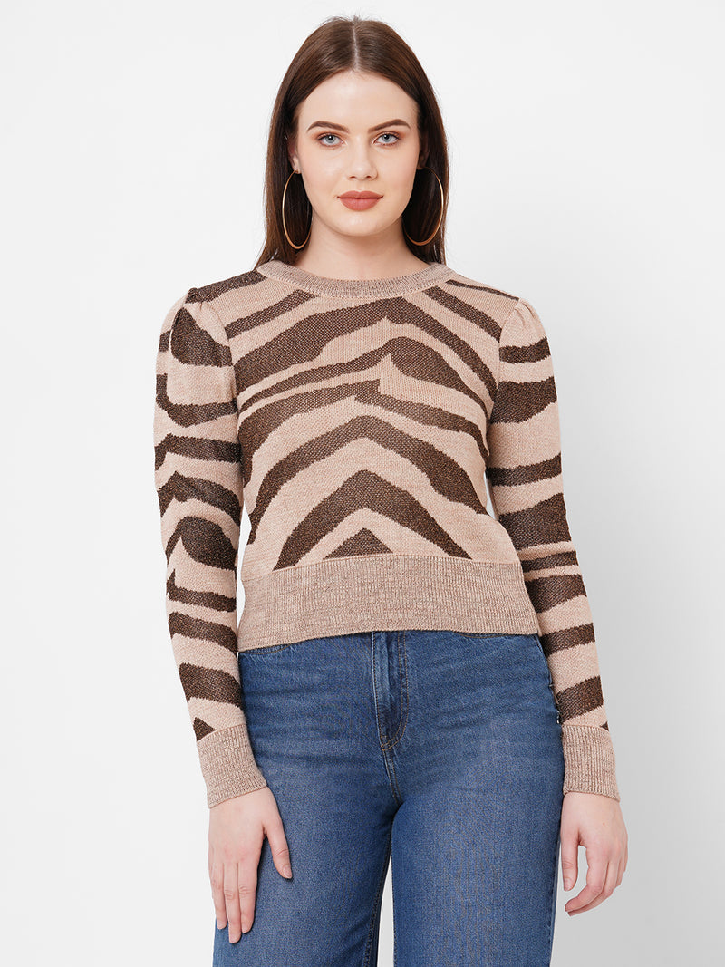 Women Beige Printed Full Length Sweaters & Sweatshirts