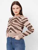 Women Beige Printed Full Length Sweaters & Sweatshirts