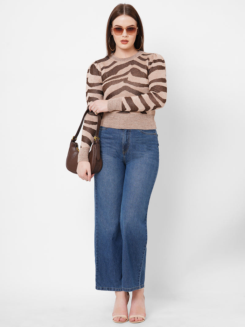 Women Beige Printed Full Length Sweaters & Sweatshirts