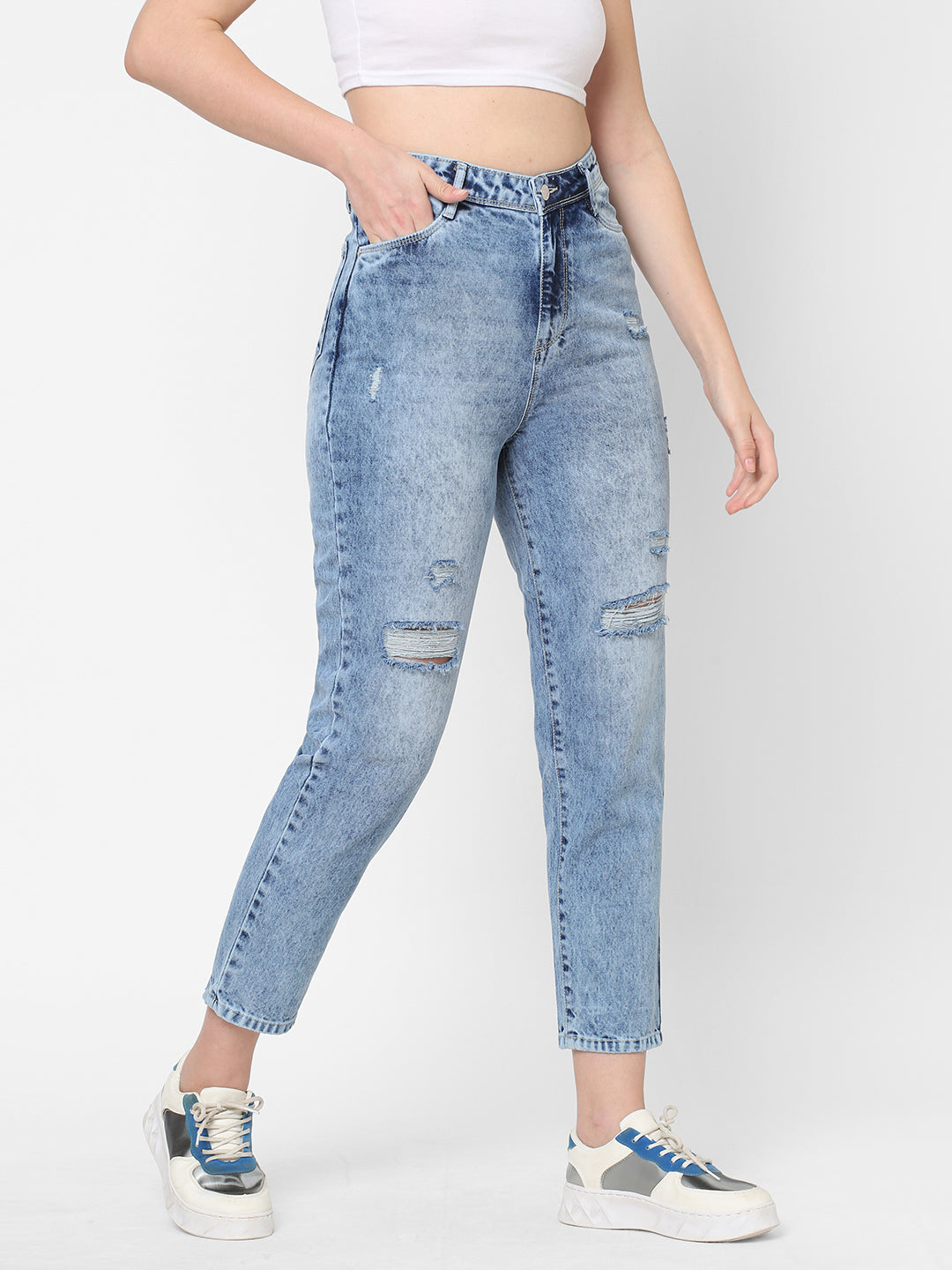 Women Light Blue High-Rise Mom Fit Jeans