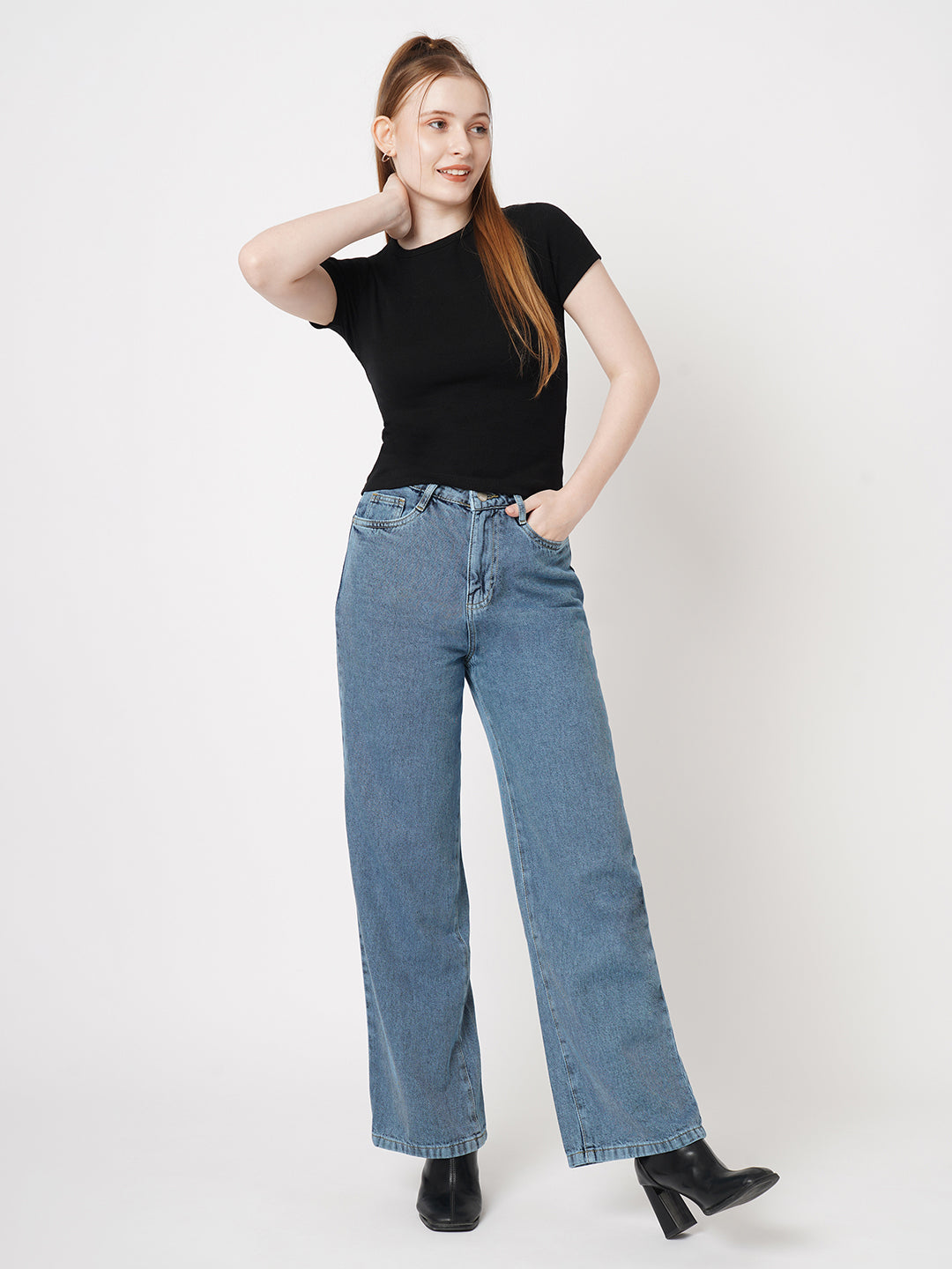 Women Light Blue High-Rise Wide Leg Jeans