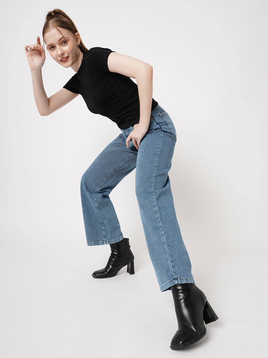 Women Light Blue High-Rise Wide Leg Jeans
