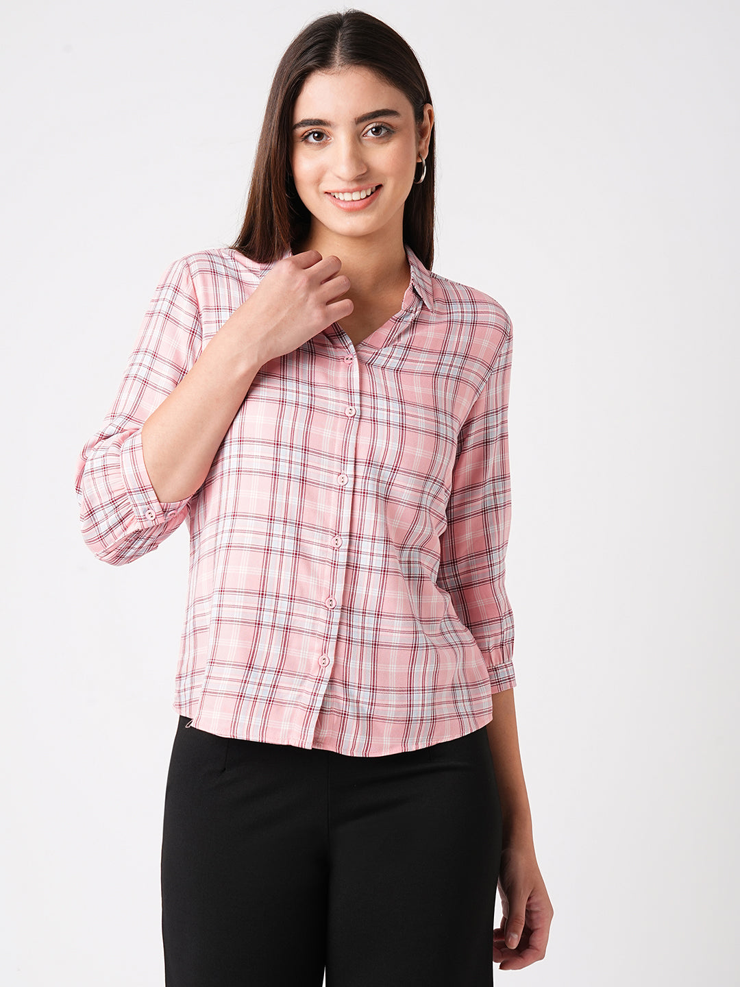 Women Slim Fit Pink Clay Checks Shirt