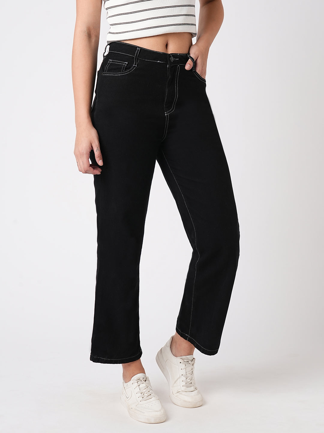 Women Black High-Rise Loose Straight Fit Jeans