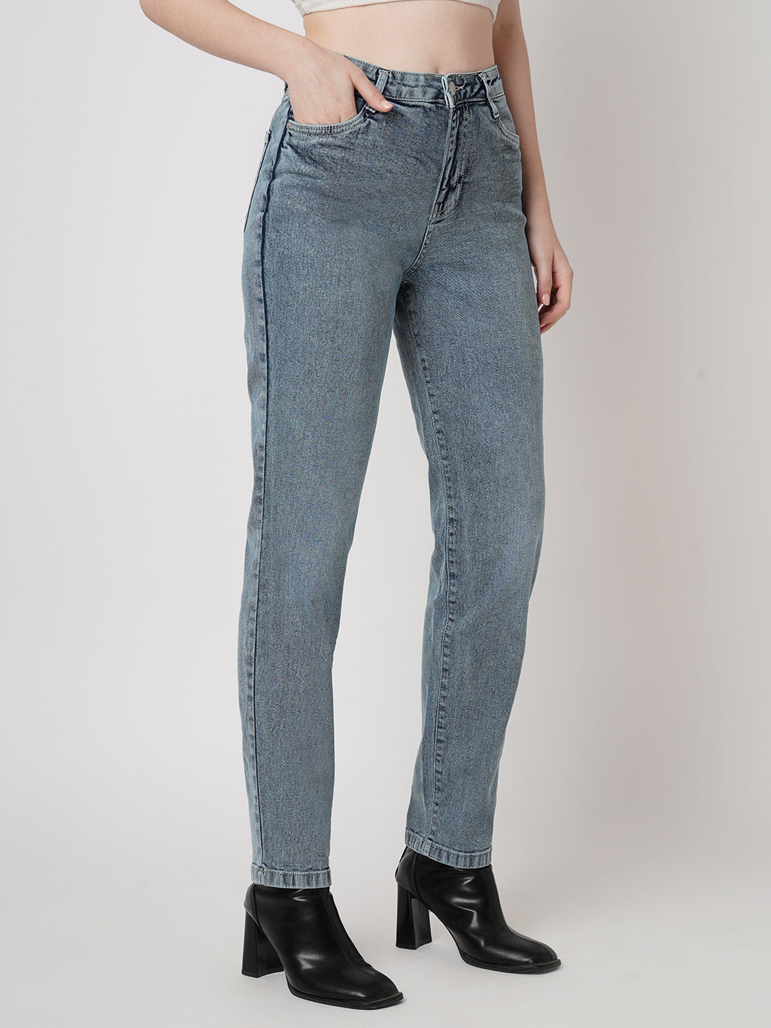 Women Light Blue High-Rise Mom Fit Jeans