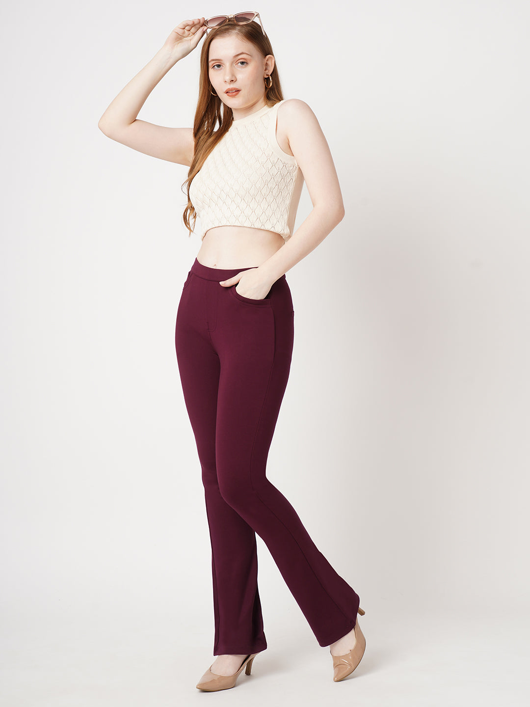Women Wine Mini Flare Treggings