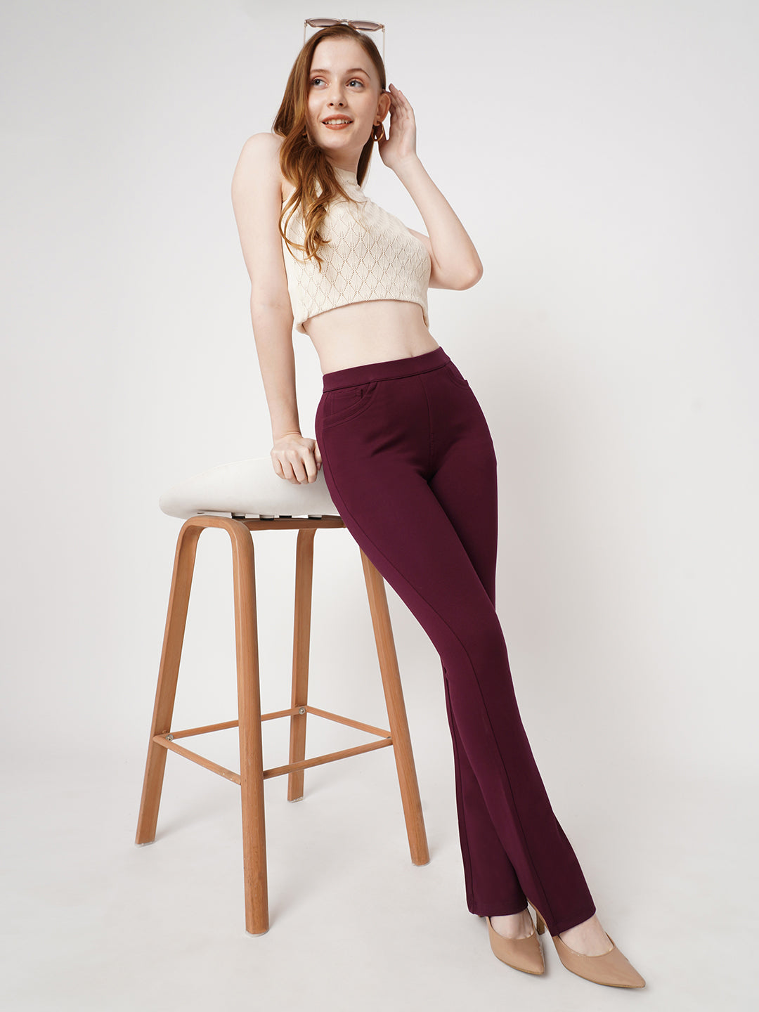 Women Wine Mini Flare Treggings