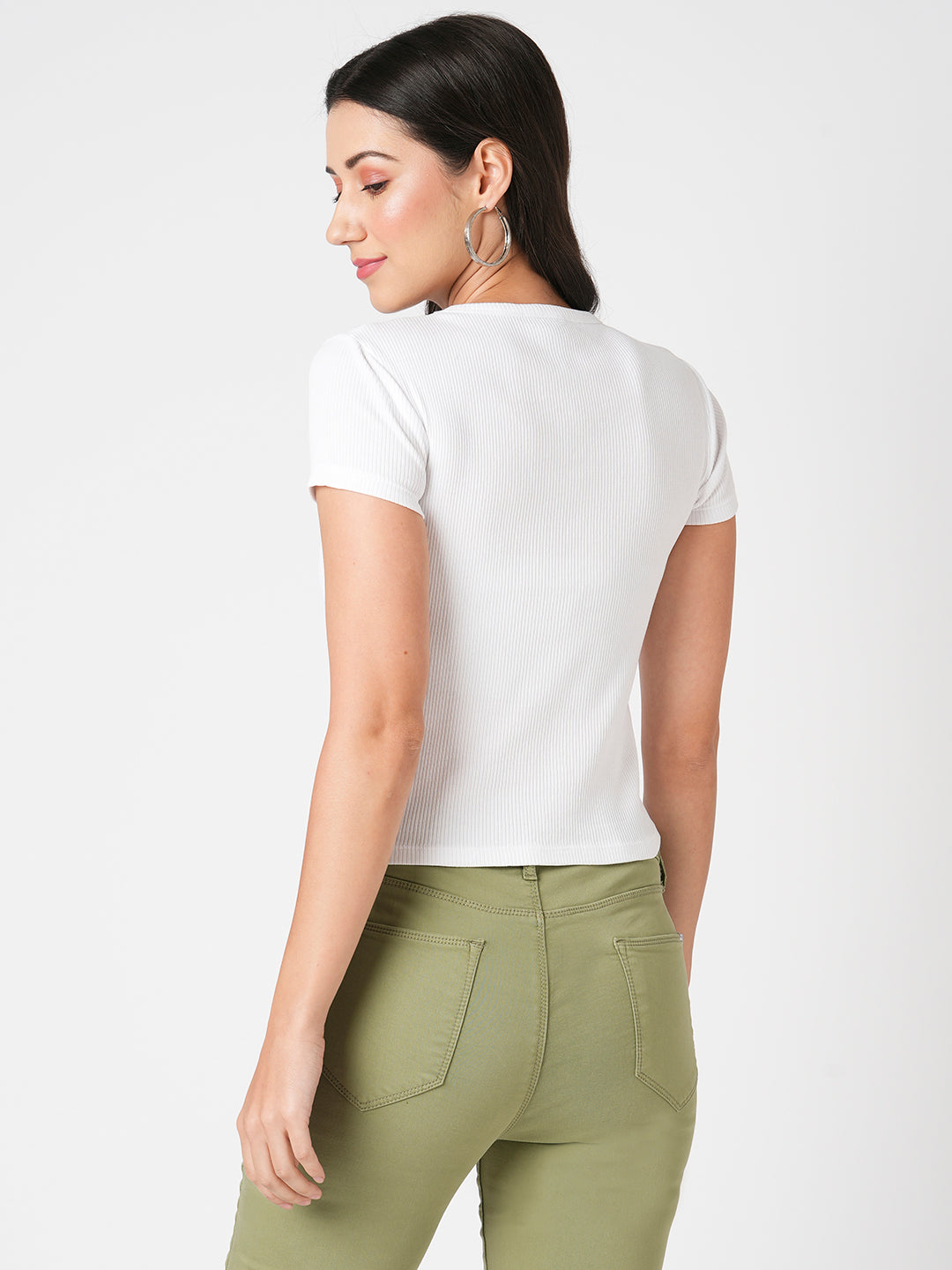 Women Slim Fit White Solid Crop Rib T-Shirt