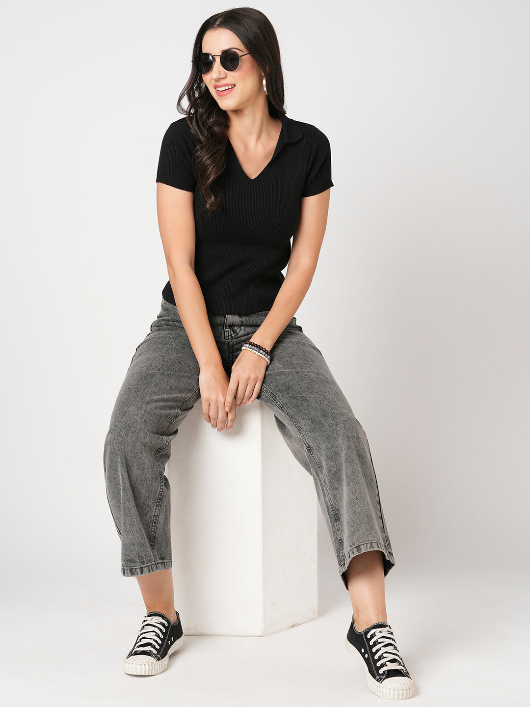 Women Black Flat Knit
