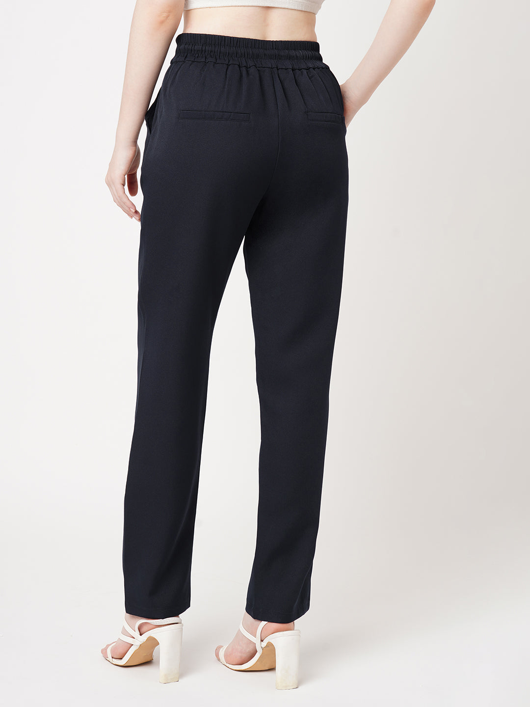 Women Navy Mid-Rise Slim Fit Trousers